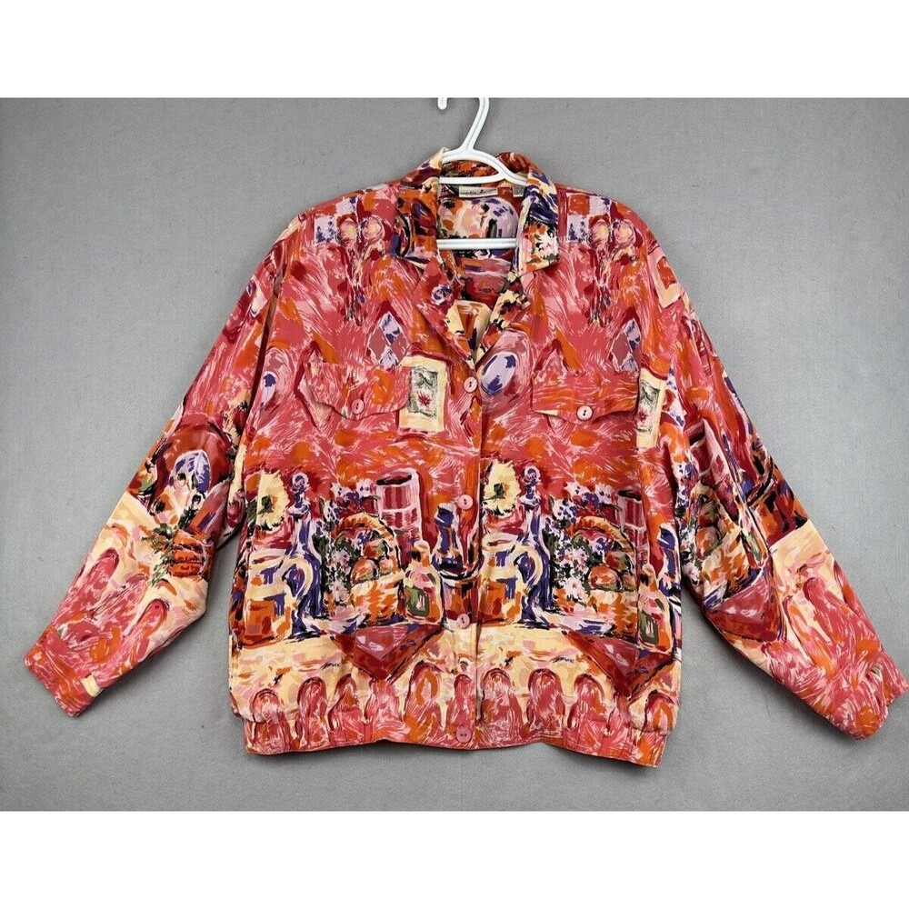VTG Silk Jacket Women's L Silk Bomber All Over Print Pockets Natalie & Me Travel